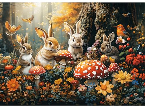 Lamplig Puzzle 1000 Teile Erwachsene Ostern Hasen Landschaft Puzzles | Waldszene Pilzwälder Kaninchen, Klassische 1000-Teile-Puzzle mit Poster Buchstaben, Geschenk für Familie Puzzlespiele