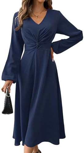 UoQo Long-Sleeve Elegant Dresses for Women V Neck Fitted-Waist Vintage Dresses for Ladies Spring Fall Casual Wedding Guest Special Occasions