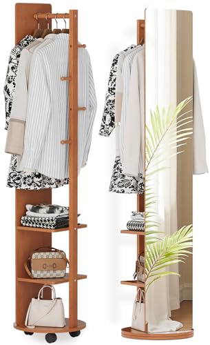 Warmiehomy 39X170cm Full Length Mirror with Coat Rack, 360° Solid Wood Swivel Freestanding Floor Long Mirror for Bedroom, Living Room, Cloakroom(Walnut)