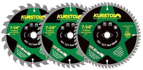 KURSTOL Lame Scie Circulaire Bois - 184 x 15,875mm 24&48&60T Disques Carbure pour Bois, Plastique, Contreplaqué, Panneaux de particules, Panneaux multicouches (3 Pièces)