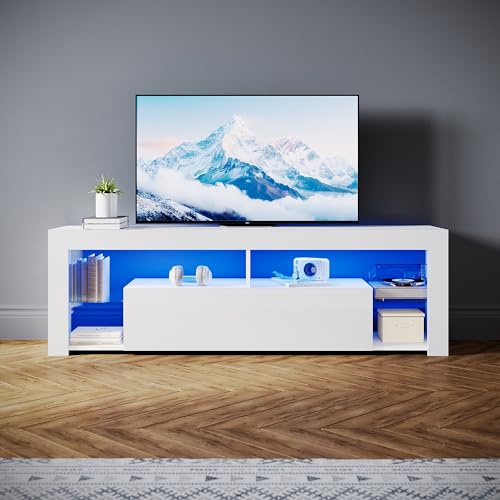 SONNI TV-skåp modernt 160 cm, lågbräda högglans vitt med 16 färger LED-belysning, lådor, öppna glasgolv, TV-bord för TV upp till 65 tum vardagsrum och sovrum, 160 x 35 x 50,5 cm
