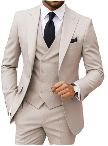 MoranX Herren-Anzüge, Normale Passform, 3-teilig, zweireihig, formell, Business, Smoking, Blazer, Weste, Hose für Hochzeit, Bräutigam, Beige, XX-Large
