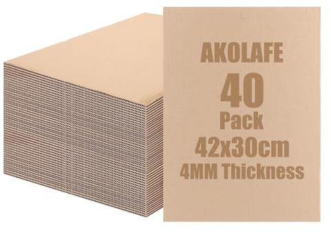 AKOLAFE 40 fogli di cartone ondulato naturale, spessore 4 mm, per fai da te, 42 x 30 cm, formato DIN A3, a tre livelli, carta da imballaggio liscia, per regali, imballaggi, fai da te (marrone)
