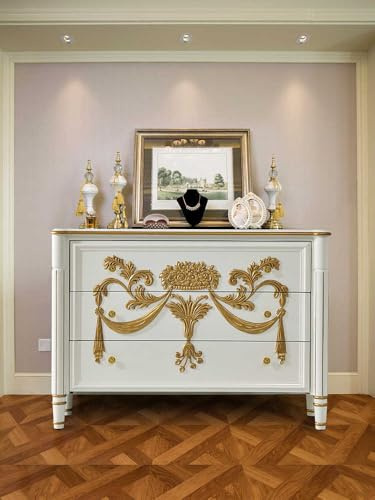interoknack American Luxury - Cómoda pintada a mano con detalles barrocos dorados, estilo colonial francés para dormitorio, color blanco