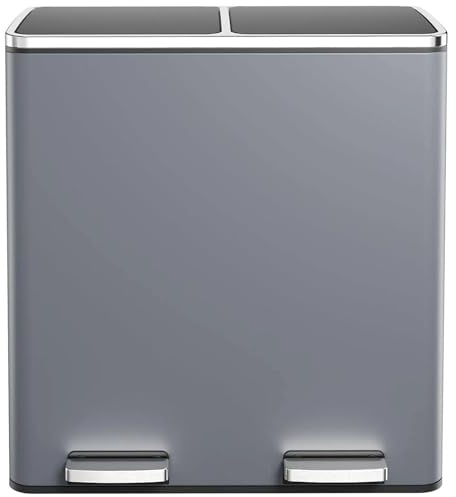 Clevich Mülleimer Küche, 2 x 30 Liter, 2 Fächer, Mülltrennsystem 60L, 2 pcs Kunststoff Inneneimer, Softclose Deckel, Treteimer, Klappdeckel, Grau