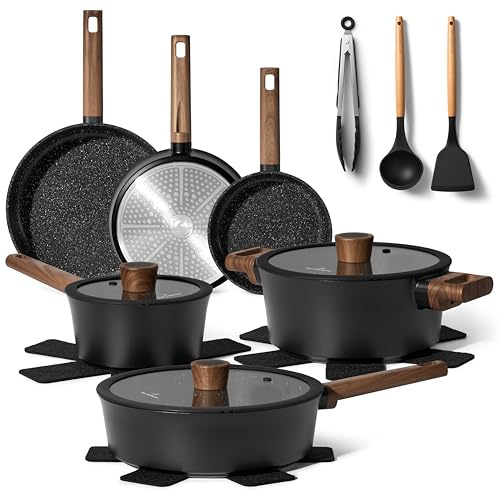 Just Perfecto Batterie de cuisine induction 15 pièces – Poêles antiadhésives casseroles avec couvercles en verre, wok, ustensiles et dessous-de-plat – Compatible tous feux gaz, électrique