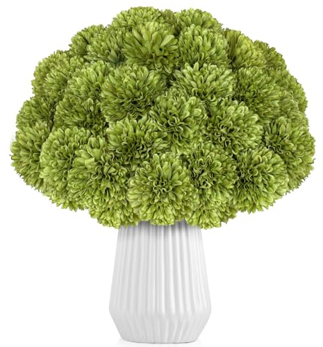 LPREUTWN 36 Pcs Artificial Chrysanthemums Flowers Green Ball Flower Silk Fake Mums Flowers for Home Decor Outdoor Wedding Floral Arrangement St Patricks Day Table Centerpiece