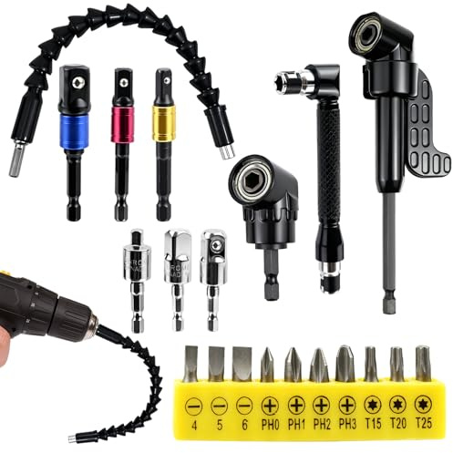 20 pièces Renvoi D'Angle Visseuse Kit,105° Tournevis Flexible,Embouts de vissage,1/4 Embout, Extension de Foret Flexible pour Perceuse ou Tournevis Adaptat