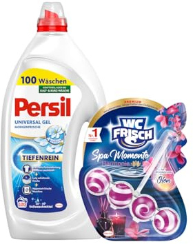 PERSIL Universal Kraft-Gel Morgenfrische 100 WL 4,5 L + WC FRISCH Spa Momente Harmonie 1 x 50g, Waschmittel & WC-Duft, langanhaltender Frischeduft, Kombi-Set