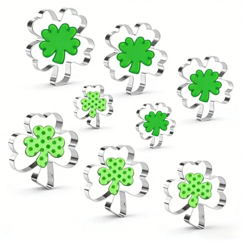 Formine per biscotti trifoglio, 8 tagliabiscotti inox | Trifoglio, quadrifoglio e shamrock per impasto biscotti, fondente e dolci di San Patrizio