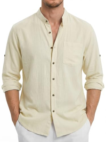 Enlision Camisa de Lino Manga Larga para Hombre Champán Casual Cuello Mao Camisetas con Botónes Elegantes Playa Verde L