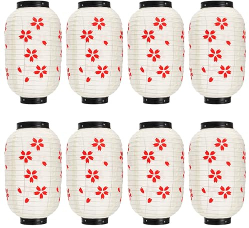 YIMITEE Lot de 8 lanternes traditionnelles de style japonais - 35,6 x 20,3 cm - Lanternes en fleurs de cerisier beiges - Lanternes imperméables avec crochet - Lampe décorative à suspendre pour fête de