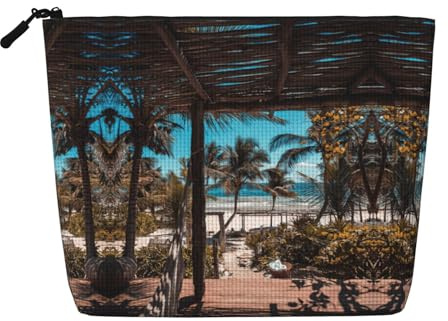Beach Palm Trees Travel Toiletry Bag for Women, Fake Hemp Cosmetic Organizer Large Capacity Zippered Daily Pouch