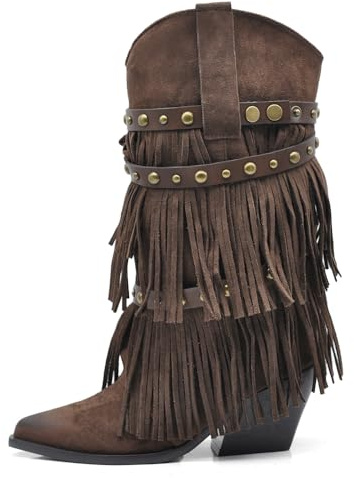 IF Stivali Texani da Donna Western Cowboy Cowgirl in Camoscio Sintetico con Borchie e Frange Rimovibili a 3 Strati Tacco Medio Stile Camperos GA053 Marrone N.37