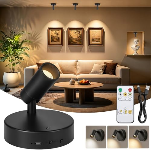 Ketom Aplique Pared Interior, Lampara Pared sin Cable, Foco LED Recargable | 3 Temperaturas de Color, Regulable, con Control Remoto, Giratorio, para Planta Obras Arte Habitación Estar, Negro, 1 Pieza