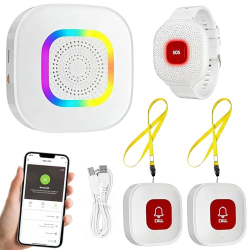 Personal Alarms for Elderly, Tuya Wifi Waterproof elderly alarm call button System with 2 Call button,1 Wrist button & Receiver for Seniors/Patient/Handicapped/Kids