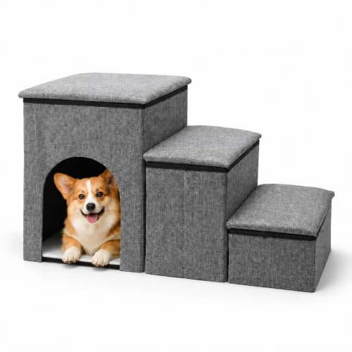 3-Step Pet Stairs for High Bed and Couch Dog Steps, Foldable Pet Steps with Storage Box, Non-slip Pet Ramp with Dogs House, Stable Dog Stairs for Small Dogs, Grey