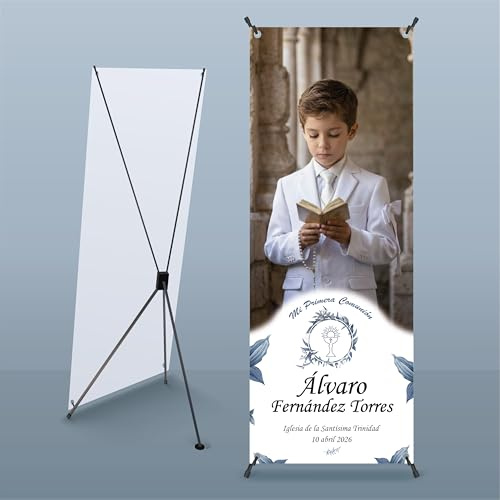 Photocall Personalizado Comunión, 60 x 160 cm, X-Banner con Estructura y Funda, Rectangular, Lona, Plegable