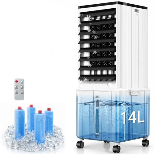 JJLVLU 4 In 1 Portable Mobile Air Conditioner, 14L 60W Evaporative Air Cooler with Detachable Water Tank, 1-12H Timer, 3 Mode & 3 Speed, 40dB, Water Cooler Fan Air Conditioning for Home Office