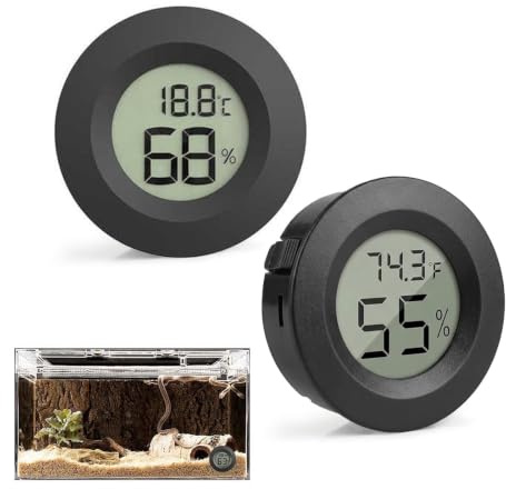 2 Pcs Round Reptile Thermometer Hygrometer, Digital Hygrometer Thermometer, with °C/°F Switch, LCD Digital Round Reptile Temperature Humidity Monitor, for Reptile Tanks, Bearded Dragon, Incubators