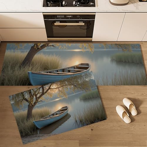 Set di 2 Tappeti da Cucina Antiscivolo Fiume Del Salice Piangente Tappetini da Cucina Lago Realistico Lavabile Tappetino di Protezione per Corridoio, Lavello, Scrivania in Piedi, 40x60cm+40x120cm