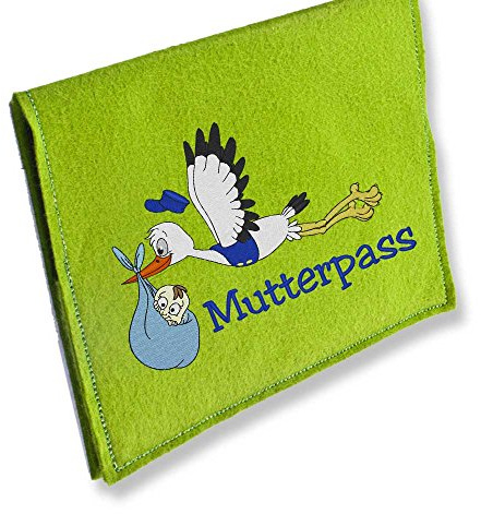 Mutterpass Mutterpasshülle Storch fliegend hellblau bestickt Farbwahl schwarz weiß grau rot blau lila pink Handarbeit (grün)