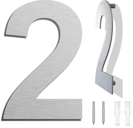 Edelstahl Hausnummer große - Wetterfest und Pflegeleicht - Metallic Mattes Silber Finish - Moderner Schwebender Aussehen und Einfache Installation - Höhe 203 mm - Arial Ziffer 2