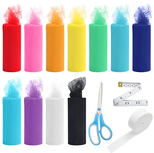 HANDI STITCH 11 Farben Lange Tüll Stoff mit Schere, Maßband und Gummiband - 15cm x 23m Pro Rolle - Regenbogen Polyester Tüll Rollennetz Set für Tutu-Röcke, Geschenkverpackungen Dekostoff Transparent