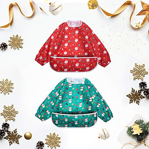 Little Dimsum Long Sleeves Toddler Weaning Bibs |Sleeved Baby Waterproof Feeding Coverall Set | Catching Food & Wipe Clean 6-36 Months (Christmas bib)