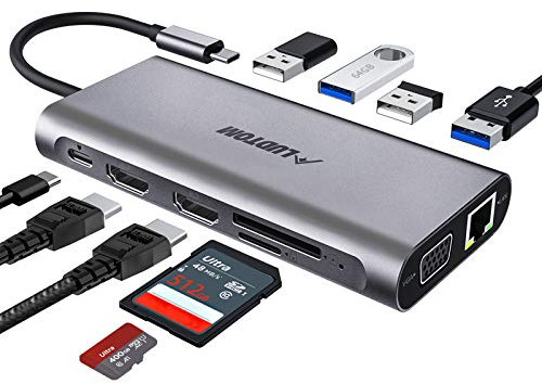 LUDTOM - Hub USB C, estación de acoplamiento USB C para laptop, adaptador de estación de acoplamiento tipo C de triple pantalla con 2 puertos HDMI, VGA, PD 3.0 tipo C, lector de tarjetas SD TF, 4