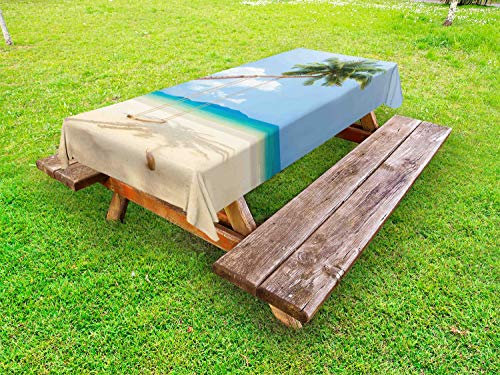 ABAKUHAUS Tropisch Outdoor-Tischdecke, Kokosnuss-Palmen-Insel, dekorative waschbare Picknick-Tischdecke, 145 x 305 cm, Creme, Blau, Grün