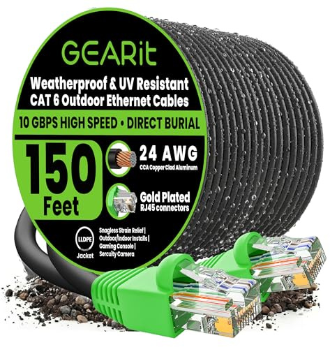 GEARit Cat6 Ethernet Cable 150ft, Outdoor Direct Burial Cat 6 Cable 24AWG High Speed Up to 10Gbps, LLDPE (PE) UV-Resistant Waterproof Jacket, CCA RJ45 Network Internet Cable for Router- Black,150FT