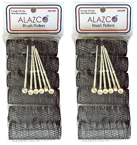12 pc Vintage Style Hair Rollers BRUSH ROLLERS & 12 PINS - Mesh Hair Curlers with Bristles 3x 7/8 (12 Large Rollers & Pins)