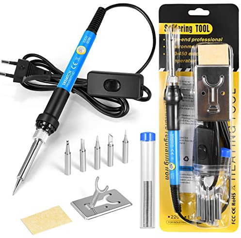 SREMTCH [Upgraded] 60W Lötkolben Set mit Temperatur Einstellbar und Ein/Aus Schalter, 9-in-1-Lötsets, 5 Lötkolbenspitzen, 10gLötdraht, Y-Typ-Lötkolbenständer for Schweißen DIY reparatur