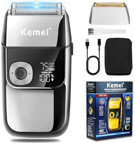 Kemei Rasoir électrique à grille pour homme, tondeuse à barbe rechargeable sans fil de précision, lavable, USB, affichage LED, rasoirs à grille en titane au lithium avec étui de voyage