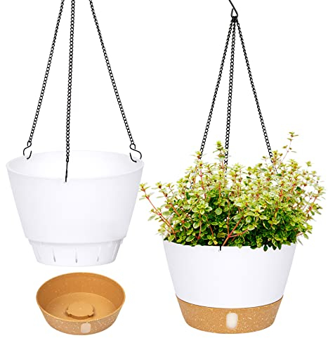 QCQHDU 2 Pack Hanging Planters Set,20cm Indoor Outdoor Hanging Plant Pot Basket,Hanging Flower Pot with Drainage Hole with 3 Hooks for Garden Home(White)