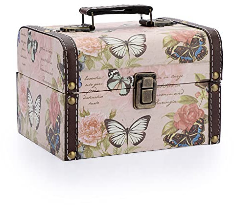 OLegei Coffret au trésor boîte de rangement en bois + cuir PU coffret à bijoux vintage cadeau pour ranger des bijoux,bibelots 18 x 14 x 12cm (motif de papillon)