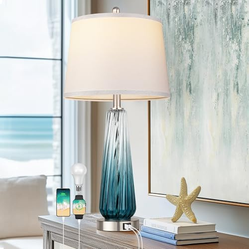 Glass Table Lamps for Living Room, Modern Bedside Lamps with USB A+C Ports, 3-Way Dimmable Touch Control Nightstand Lamp with White Linen Shade, 27.5 Large Lamps for Bedrooms Decor, Teal, 1 Pack