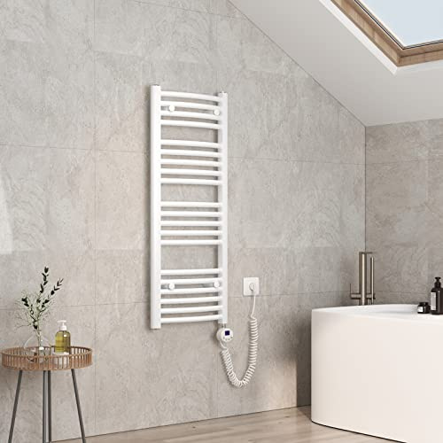 EMKE Handtuchheizkörper Elektrisch 120 x 40 cm, Gebogen Badheizkörper Elektrisch mit Thermostat, Handtuchtrockner Handtuchwärmer mit Timer Weiß 500W