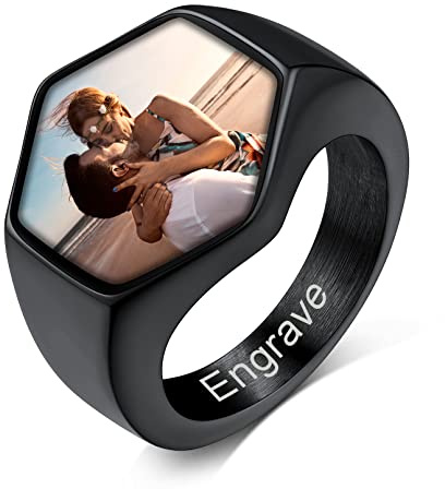 Custom4U Personalisierter Siegelring Herren Edelstahl mit Farbbild/Schwarzes Bild Gravur Memorial Männer Jungen Ehering Verlobungsring Silber/Schwarz/Gold Ringgröße 54.4(17.25)-72.3(22.75)