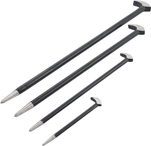 Dunnet Tools 4pc Heel And Toe Pry Bar Set Heavy Duty Drop Forged Steel Podger Set For Automotive 150, 300, 400, 500mm Crowbar Alignment Prying Tool Rolling Head Podger Bar Mechanics Tools