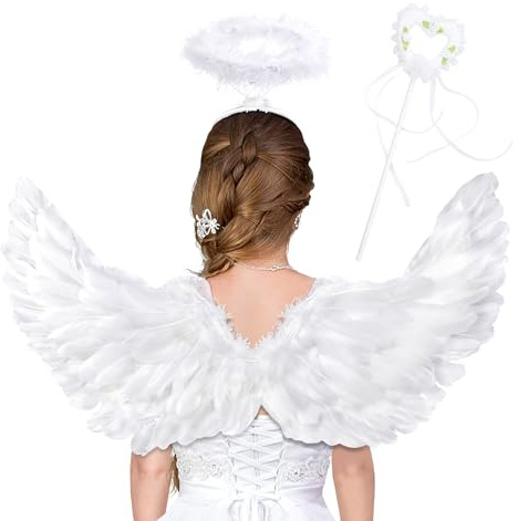 Goenb Engelsflügel, 80 * 41cm Engelsflügel Weiß Engel Kostüm Damen Kinder Herren Erwachsene Engelsflügel Amor Kostüm Damen Mit Heiligenschein Engel Für Halloween Karneval Geburtstag Party
