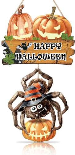 ANHUIB Halloween Kürbis Hängeschild,Happy Halloween Haustür Willkommensschild,Halloween Haustür Deko,Spinne Kürbis Halloween Türdekoration,Halloween Kürbis Wanddeko Wandschild für Halloween Party Deko