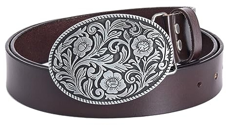 JIARY Ledergürtel Herren, Gürtel Herren Western Cowboy, Echtledergürtel mit Silberfarbenem Blumenmuster Ovaler Legierungsschnalle,Brown b,120CM/47.3''
