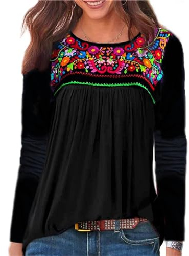 Melliflo Langärmelige mexikanische Hemden für Damen, Blumenstickerei, Bauernbluse, Ethno-Stil, Boho-T-Shirts, Cx-o-schwarz, Mittel