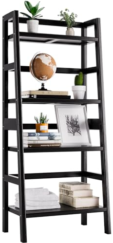 HITNET Leiterregal Schwarz, Bambus Bücherregal mit 4 Ebenen, Freistehender Platzsparendes Pflanzenständer Regal für Schlafzimmer, Bad, Balkon