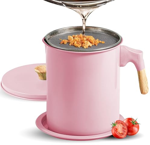 Tissting Bacon Grease Container with Strainer, 47oz/1.4L Oil Strainer Pot, Pink