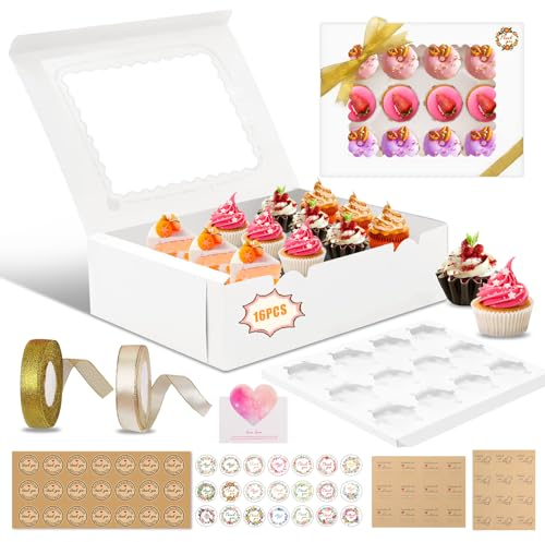 UCAMP Paquete de 16 Cajas Para Cupcakes,Cajas para Tartas con Ventana,Cupcakes con Cinta,Pegatinas y Tarjetas de Felicitación,Adecuado para Navidad,Cumpleaños,Bodas,12 Hoyos