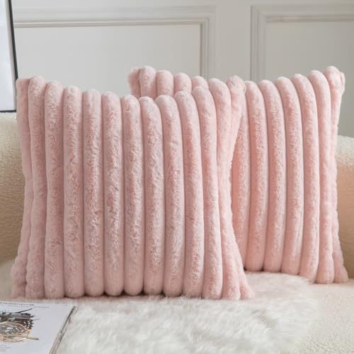 Mandioo 2er Set Kissenbezug gestreiftes Künstlich Pelz Superweich Kissen Flauschig Modern Kissenhülle Deko Sofa Wohnzimmer Schlafzimmer Kissenbezüge 45 x 45 cm Rosa
