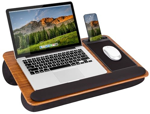 LAPGEAR Home Office Pro Schoßschreibtisch mit Handballenauflage, Mauspad und Telefonhalter – Espresso-Holzmaserung – Passend für Laptops bis zu 15,6 Zoll – Stilnr. 91612